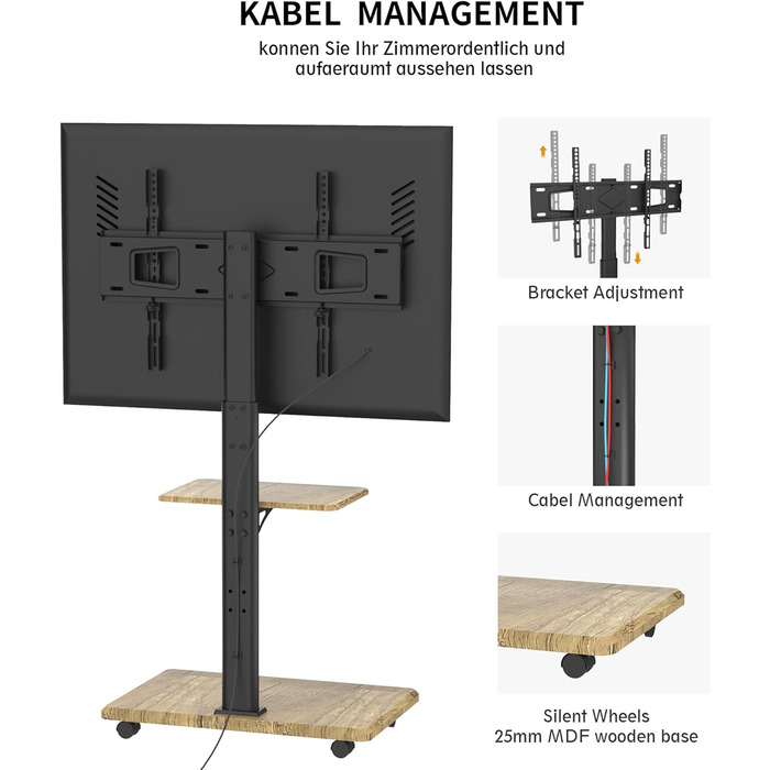 Підставка для телевізора Delphos Mobiler TV Stand - роликова, з дерев'яною основою, для телевізорів 32-70 дюймів, до 45 кг, регульована висота до 130 см, поворотна ±25°, VESA 600x400 (вишня)