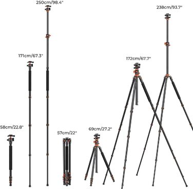 Штатив K&F Concept 238CM з подовженою центральною колоною, 360° панорамний штатив для камери, з сумкою та швидкознімною платформою, до 10 кг
