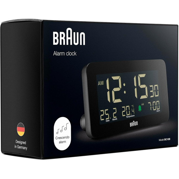 Braun Digital Alarm Clock with Date, Month, and Temperature Display, Negative LCD Display, Quick Set Function, and Gradual Alarm Sound in Black, Model BC10B.