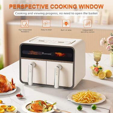 Runnatal Dual Zone Hot Air Fryer with Viewing Window, 8L Airfryer, 2100W, 2 Compartments, 14-in-1 Double Chamber Hot Air Fryer with Vegetarian and Meat Pots, 2 Chamber Airfryer, Non-Stick Coating