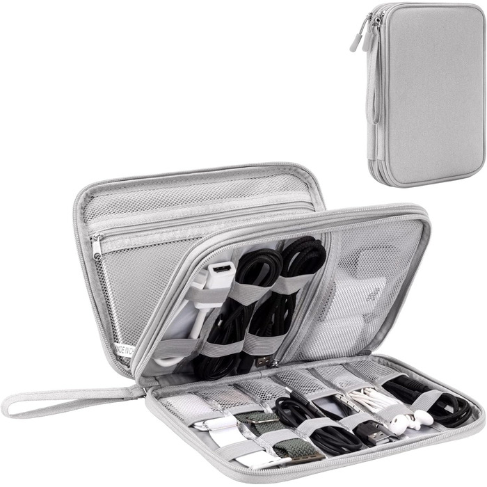Організатор для аксесуарів Arae Elektronik: кабельна сумка, Travel Essentials, подвійний шар, для зарядних пристроїв, USB, SD картки (Синій, L) Сірий L