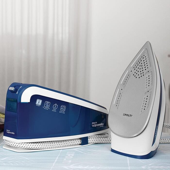 Polti Vaporella Express VE30.10, high-performance steam ironing station with up to 8 bar pump, ECO function, with One Temperature Technology and digital settings, blue/white Bianco E Blu