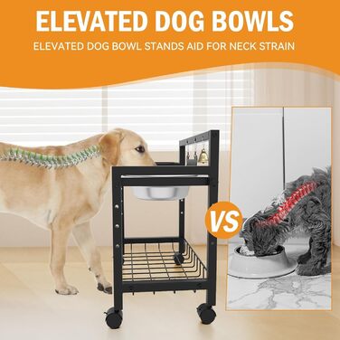 Підвищені годівниці для собак Angeloyang з колесами, з нержавіючої сталі, регульовані, 8 рівнів висоти, 16-36 см, для середніх та великих собак, з повільним дозатором корму та мисками з нержавіючої сталі, з можливістю зберігання та колесами
