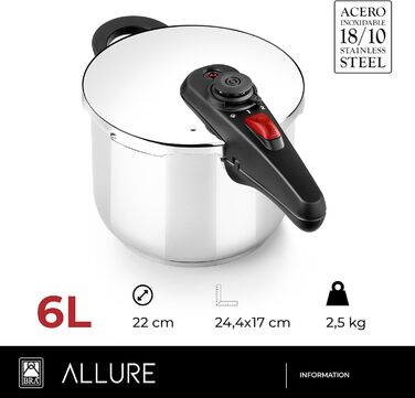 Скороварка BRA Allure 6 л з нержавіючої сталі 18/10, 2 режими приготування, система блокування, для всіх типів плит