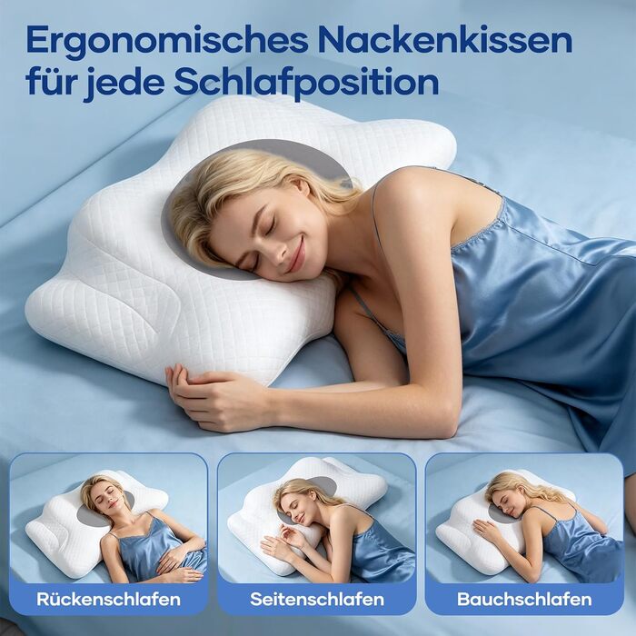 Ергономічна ортопедична подушка для шиї та голови з ефектом пам'яті (Memory Foam), 2-в-1, зі знімним чохлом, сіра, 62 x 39 x 11/13 см