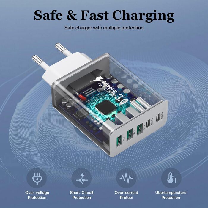 Зарядний пристрій USB-C 50W, 5 портів: 2 USB-C + 3 USB-A, Fast Charge PD 3.0, сумісний з iPhone, Samsung, планшетами - Білий