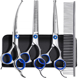 Професійна ножиця для собак 5-в-1 Gimars, 4CR з безпечною закругленою на кінці, титанове покриття, пряма, філірувальна та вигнута, блакитна