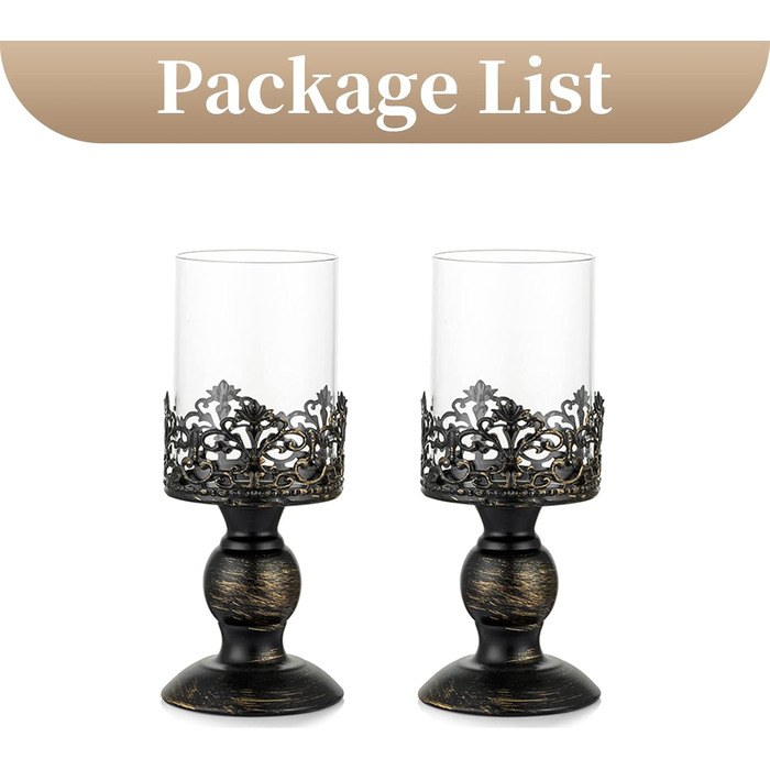 Sziqiqi Candle Holders Set Vintage Distressed Black Hurricane Candle Holders 2 Pieces, for Pillar Candles Wedding Party Home Decoration Fireplace Mantel Decoration 27cm & 33cm (2 Pieces Small, Black)