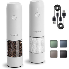 TLYSXPRO Salt and Pepper Grinder Electric 2-Piece Set, USB Rechargeable, Adjustable Coarseness Spice Grinder, Electric Pepper Grinder with LED Light, Cleaning Brush, Kitchen Gadgets, White
