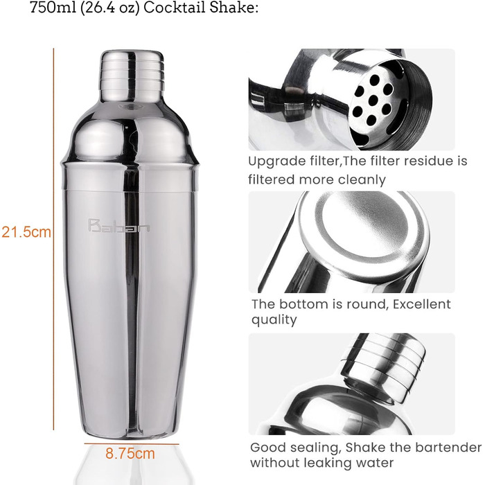 Набір для коктейлів Baban Edelstahl, 10 предметів: шейкер, підставка з бамбука, мірний стакан, барна ложка, 750 мл. Подарунок для дому або бару