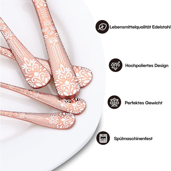 36-Piece Rose Gold Flatware Set for 6 People, HONKKU Stainless Steel Cutlery Set with Steak Knives, Polished Mirror Finish Cutlery Set with Floral Patterns, Fork Spoon Knife Set Dishwasher Safe