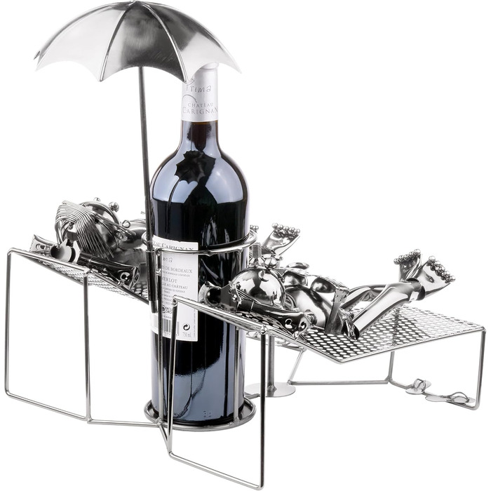 BRUBAKER Wine Bottle Holder - Loving Couple on Vacation - Metal Sculpture Bottle Stand, Reclining Couple Under Palm Tree - Silver Metal Figure Bottle Holder, Wine Gift for Vacationers with Greeting Card