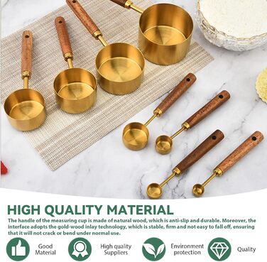 Набір мірних стаканів і ложок 8 шт, нержавіюча сталь золото з дерев'яною ручкою, метричні та американські одиниці, для приготування їжі, випічки та напоїв (60мл - 250мл)
