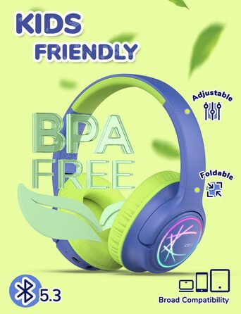 iClever Бездротові навушники для дітей з LED-підсвіткою, обмеження гучності 74/85 дБ, 43 години роботи, стерео звук, Type-C, AUX-кабель, Bluetooth 5.3, для планшетів/подорожей (зелено-блакитний)