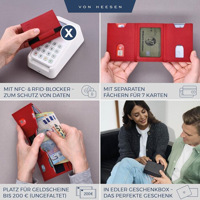 Шкіряний тонкий гаманець VON HEESEN з RFID захистом, компактний картхолдер для чоловіків та жінок, червоний (Saffiano), з міні-відсіком для монет