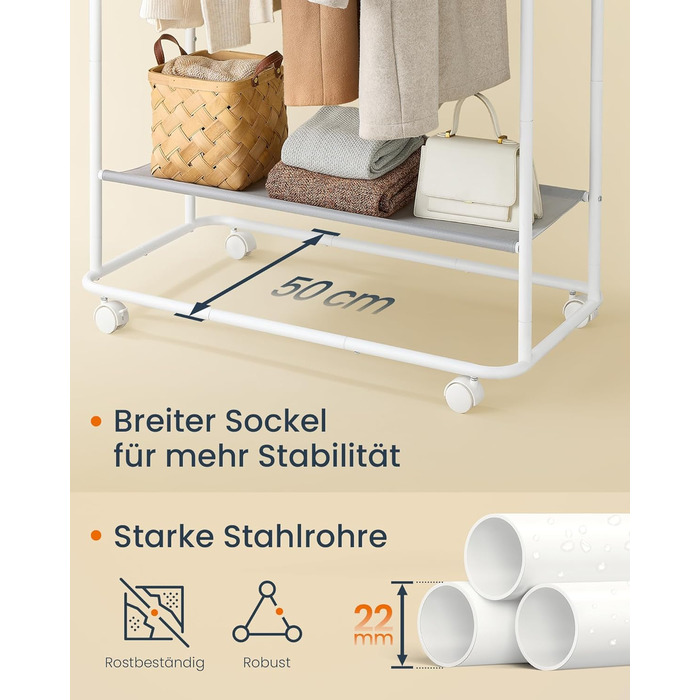 Стойка для одежды SONGMICS HOME на колесах, гардеробна стійка з 2 перекладинами, полиця, бічний органайзер, гачки у формі сірника, стабільна, для спальні, передпокою, HSR171B01 (50T x 189,6H cm, Матовий)