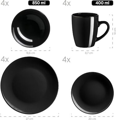 Modern Dinnerware Set for 6 People with Brass-Colored Rim, 24-Piece Combination Service with Rimless Coupe Shapes, Black 24-Piece Black