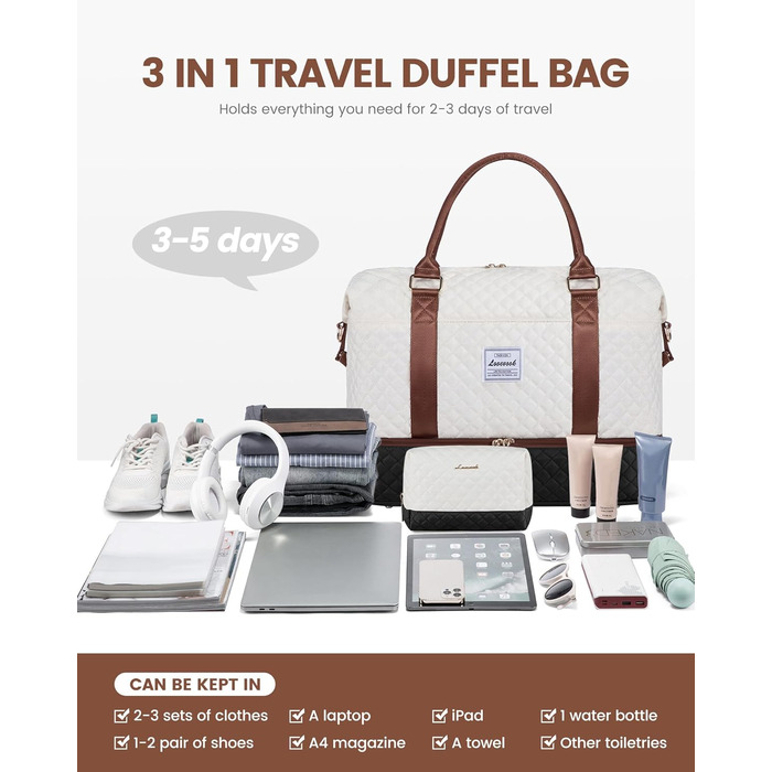 Спортивна сумка LOVEVOOK для жінок, велика ручна поклажа, дорожня сумка-дуffel, XL (2 шт., бежевий, чорний, коричневий)