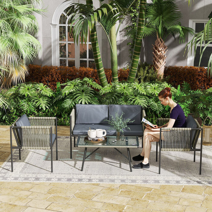Набір садових меблів Outsunny з ротангу (штучного) Lounge-set з 2-місним диваном, кріслом, скляним столиком, подушками, стійким до погодних умов, для балкона, на 4 особи. Зовнішня зона відпочинку, садові меблі для тераси, балкона, сірого кольору | Aosom