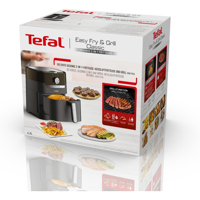 Tefal EY5018 Easy Fry & Grill Classic Hot Air Fryer | 2-in-1 Technology (Air Fryer and Grill) | XL | 4.2 Liter for 6 Portions | 1550 Watts | Energy-Saving | Oil-Free | Healthy Fryer | Black