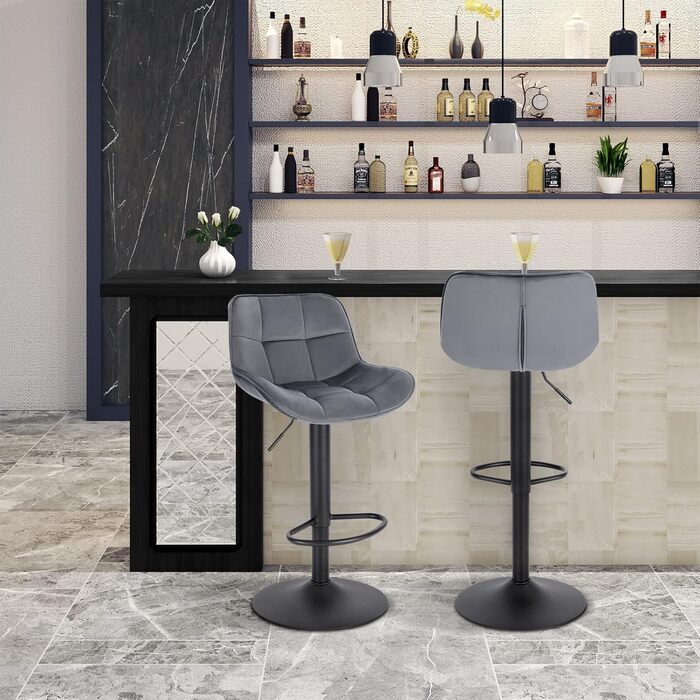 EUGAD Adjustable Bar Stools 2-Pack - 360° Swivel, Backrest, Footrest, Velvet Upholstery, Metal Frame - Dark Grey