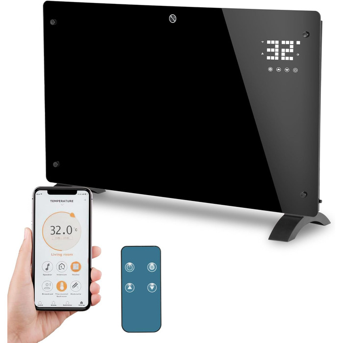 Скляний конвекторний обігрівач Daromigo 2000W з термостатом та Wi-Fi, IP24, настінний, енергозберігаючий, чорний