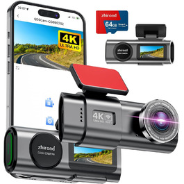 Відеореєстратор 4K WiFi з App-керуванням, 64GB SD-карта, кріплення, IPS 1.47', 170° кут огляду, Нічне бачення, WDR, G-сенсор, циклічна запис, 24/7 паркувальний режим