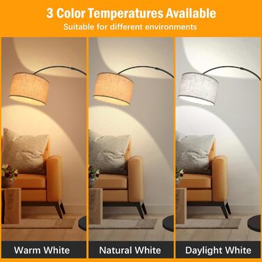 Стійка лампа для вітальні з 3 режимами кольору, 12W, LED, з абажуром з льону, вимикач на ніжці, диммер. Підходить для спальні, читання, офісу та інших приміщень.