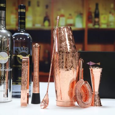 Набір бармена SKY FISH Barkeeper-Set: 6 предметів з нержавіючої сталі, з покриттям, включає шейкер, ложку, мадлер, мірний стакан, сито та льодогенератор