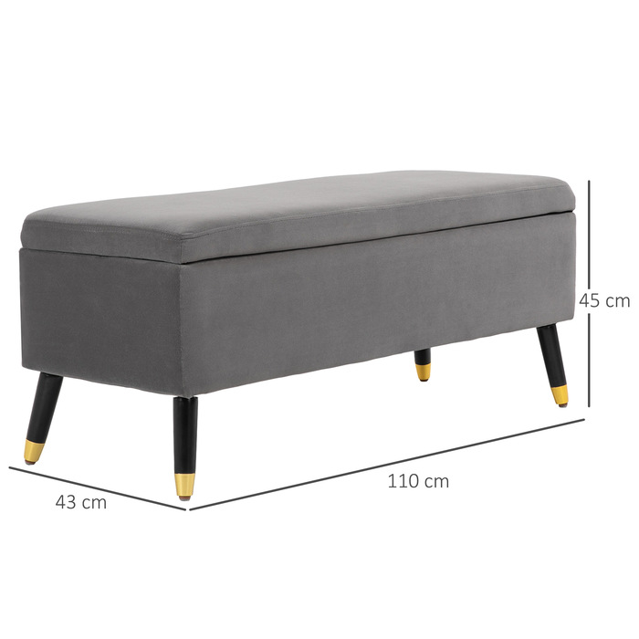 HOMCOM Bench with Cushion and Storage, Trunk Bench made of Metal and Rubber Wood, Coal Grey, 110 x 43 x 45 cm for Entryway and Living Room