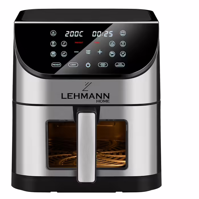Lehmann Hot Air Fryer XXL with 8L Basket and Viewing Window, Oil-Free Fryer with Lighting, 1800W, Temperature Control up to 200° C, Airfryer with up to 10 Programs, Timer and Touch Display