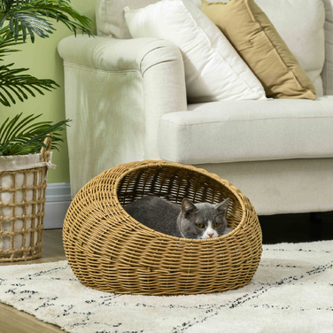 PawHut Rattan Cat Basket Cat House with Cushion for Cats up to 4 kg, Indoor Cat Cave made of PE Rattan, Ø50 x 31 cm, light brown for cozy retreats