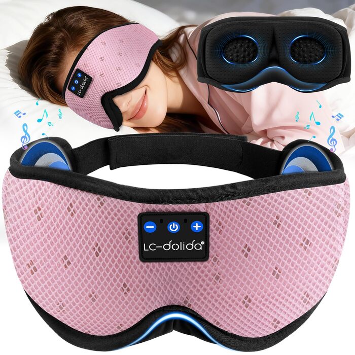 Маска для сну з навушниками Bluetooth 5.4 Dolida, 3D м'яка маска для сну з мікрофоном, рожева - для подорожей, йоги, медитації