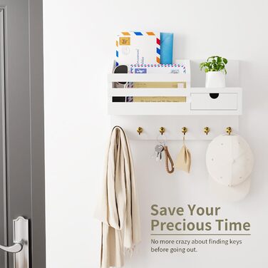 Настінна органайзер для ключів з 6 гачками та шухлядою, дерев'яна полиця для ключів, настінний тримач для ключів, для прихожей, вітальні, офісу (білий)
