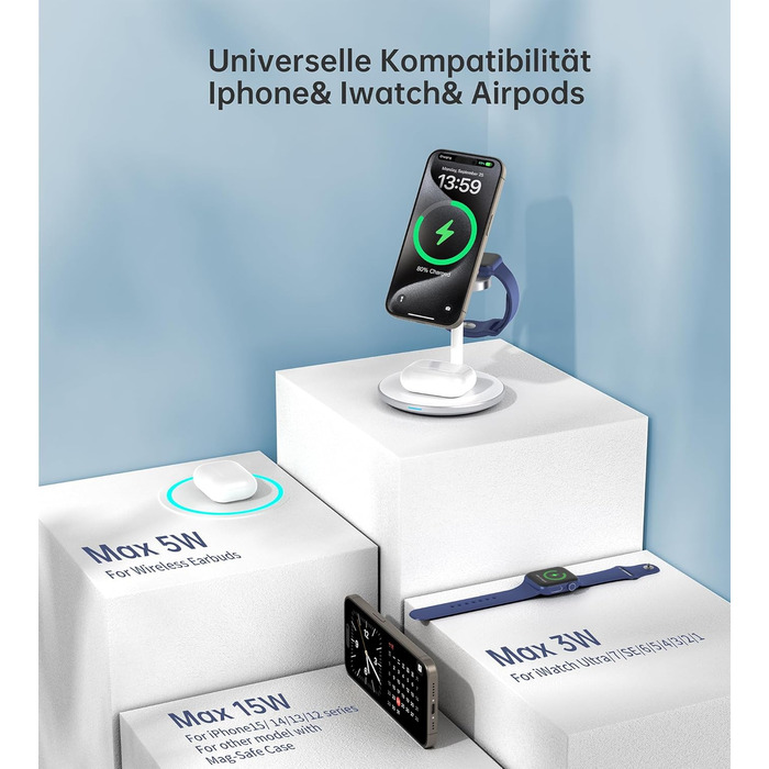 3-в-1 індукційна зарядка для декількох пристроїв, 15W MagSafe зарядка для iPhone 15/14, MagSafe зарядний пристрій для iWatch Ultra 2/1/Series 9/8, AirPods, білий колір