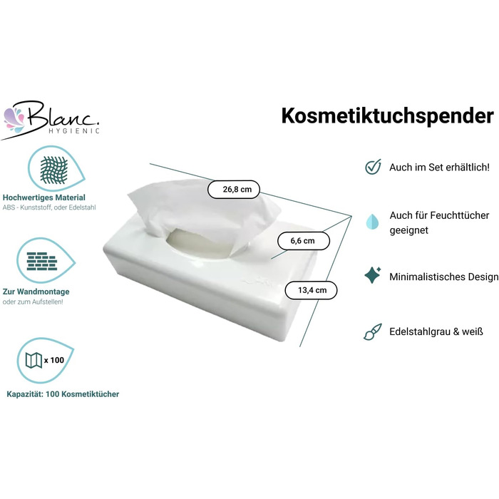 Blanc HYGIENIC Cosmetic Tissue Dispenser Futura – Wall-mountable tissue dispenser, dispenser for cosmetic tissues and wet wipes, capacity of 100 sheets, White