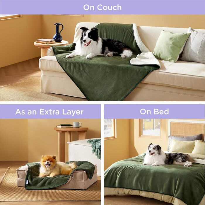 Водонепроникний коврик для собак Lesure, великий розмір 100x120 см, для активного відпочинку, з Sherpa Fleece, для собак та котів, миючий, захист дивану, оливковий