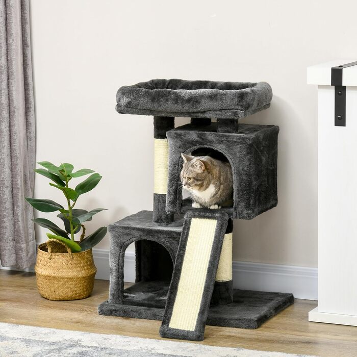 PawHut Scratching Post 83 cm Small Cat Scratching Post with Sisal Pillars, Cat Scratching Post, Cat Climbing Tree, Cat Tree, Cat Furniture Play Tree for Small Cats, Dark Grey