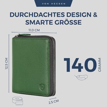 VON HEESEN гаманець з натуральної шкіри з RFID-захистом, зелений, для чоловіків і жінок, з монетницею