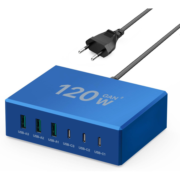 Зарядний пристрій USB-C 120W GaN, багатопортова станція 6 портів для iPhone/Samsung/Google/планшетів, синій