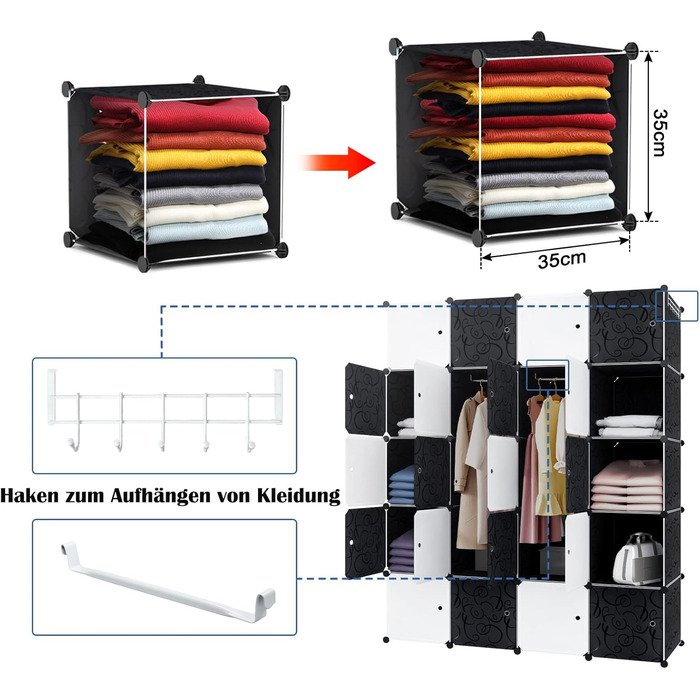 Wardrobe, Plastic Wardrobe, DIY Cube Wardrobe 20 Cubes, Shelf System Bedroom Wardrobe – Black, 145 x 37 x 178 cm