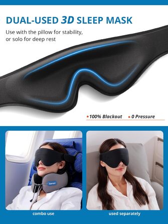 Подушка для шиї у літак Travel Pillow, подушка для подорожей з ременем та 3D-маскою для сну, Memory Foam, чорна