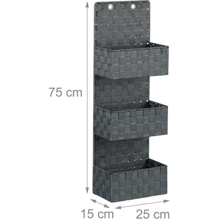Relaxdays Hanging Organizer Fabric, Over-the-Door Organizer with 3 Storage Baskets, Wall Organizer Bathroom, PP, HBT: 75x25x15cm, gray