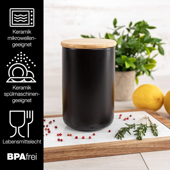 Керамічна банка Moritz & Moritz 600 мл з бамбуковою кришкою, чорна, для зберігання продуктів, підписна, для кави, круп, борошна або ванних аксесуарів