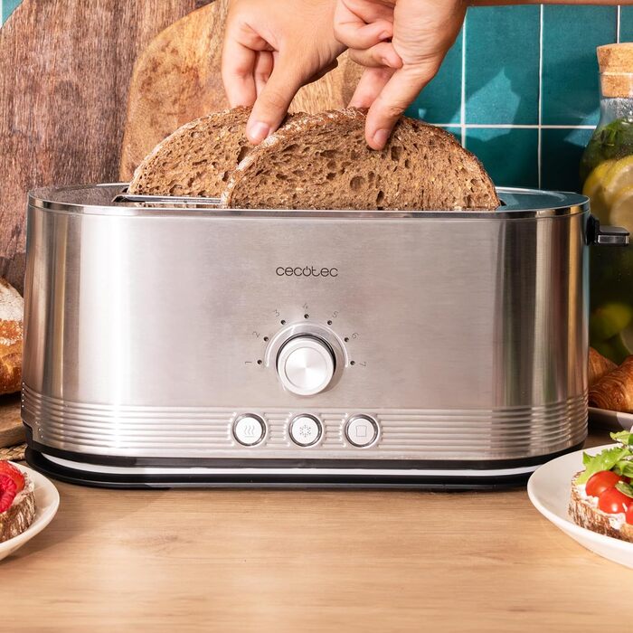 Cecotec Shine&Toast Extra Double stainless steel vertical toaster. 1400W, capacity for 4 slices, 3.8 cm wide slots, illuminated ring, 7 browning levels, upper bread rack.