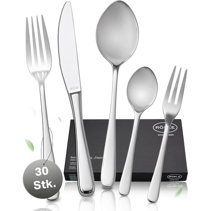 RÖSLE PASSION Cutlery Set for 6 People – 30-Piece High-Gloss Polished Stainless Steel 18/10 Cutlery Set – Premium Cutlery Set, Dishwasher Safe, in Elegant Gift Box 30-Piece Dinner Cutlery