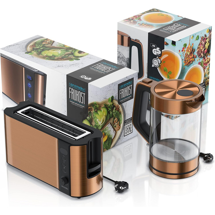 Набір чайник та тостер Arendo Edelstahl Kupfer, 1.7л, 2200W, з підігрівом, 2 Scheiben, 1000W, з підставкою для булок