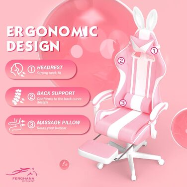 Геймерське крісло Ferghana Ergonomisch з підставкою для ніг та подушками: рожеве, для комп'ютера