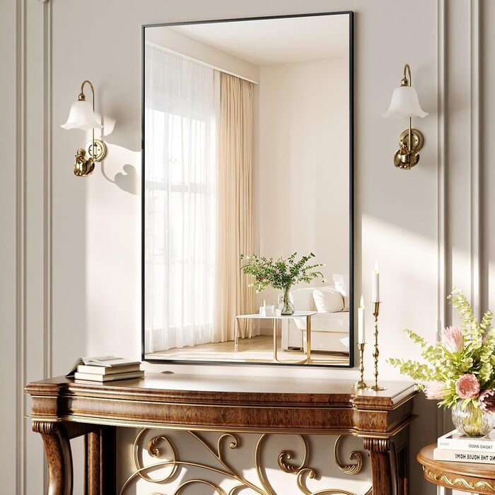 BEAUTYPEAK Дзеркало настінне прямокутне 81x61 см з металевим каркасом, безпечне для ванної кімнати, для ванної, спальні, вітальні (Чорний)