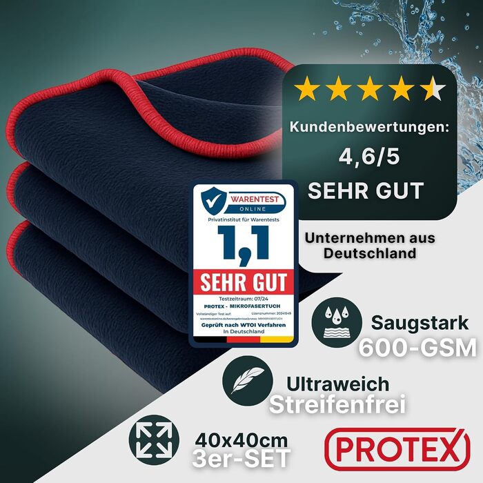 Мікрофіброві серветки для авто PROTEX 380 GSM, безворсові та безпечні для лаку, 40x40 см (набір 3 шт.)